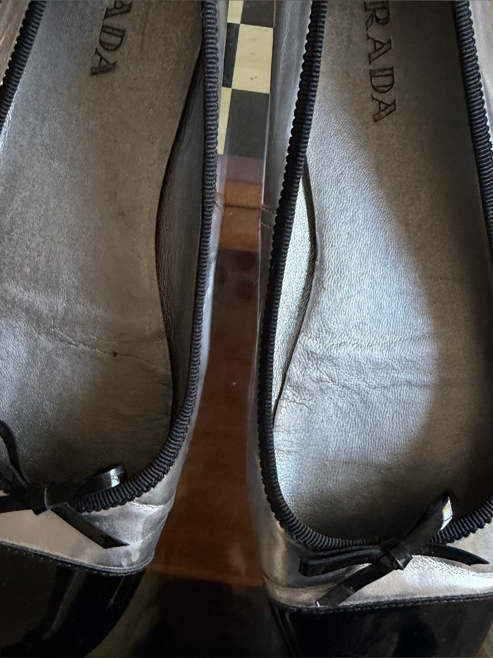 PRADA • metallic silver bow cap toe ballet flats - Picture 3 of 11